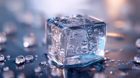 A detailed macro shot of a clear ice cube resting on a reflective surface. The cube is adorned with water droplets and bubbles, creating an elegant visual effect.の素材