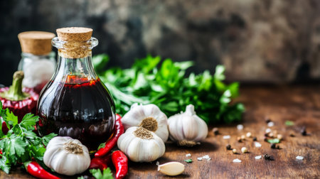 Explore the rich textures of fresh garlic, vibrant herbs, and spices paired with olive oil, showcasing a rustic culinary scene perfect for food enthusiasts.の素材