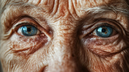 A mesmerizing close-up of an elderly woman's eyes, showcasing deep blue color, intricate wrinkles, and the emotions that come with a lifetime of experience.の素材