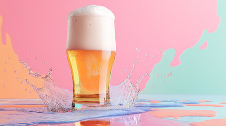 A vibrant photo capturing a refreshing glass of beer with foam, splashing elegantly against a colorful backdrop. Perfect for summer vibes and celebrations.の素材