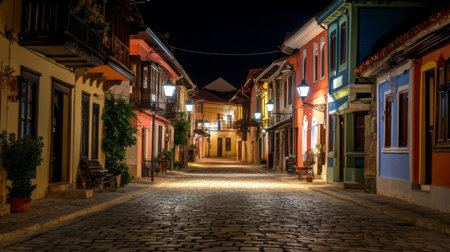 A serene night walk through a vibrant cobblestone street, illuminated by warm street lamps. This picturesque scene captures the charm of a historic village at dusk.の素材