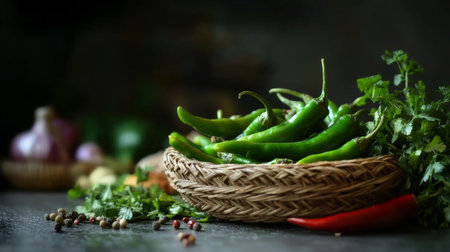 A rustic basket filled with fresh green chilies, surrounded by vibrant herbs and spices, capturing the essence of natural cooking ingredients for culinary delights.の素材