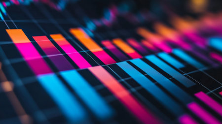 Explore a vibrant and abstract representation of data visualization featuring colorful bars and graphs, perfect for technology and finance concepts.の素材