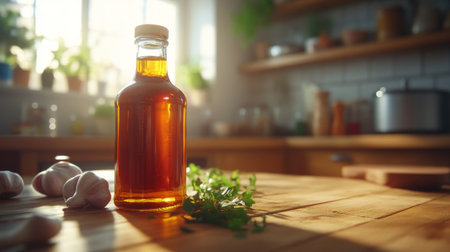 A glass bottle filled with oil sits on a wooden table, surrounded by garlic and fresh herbs. The cozy kitchen is illuminated by warm sunlight, creating a serene atmosphere.の素材