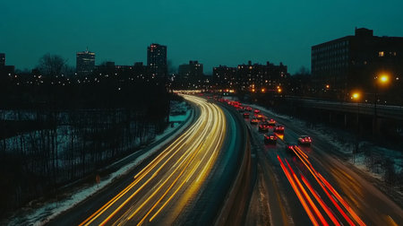 An urban nighttime scene showcasing vibrant car lights flowing along a highway with a city skyline in the background, capturing movement and energy.の素材