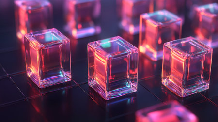 Vibrant glass cubes with glossy surfaces reflect colorful light on a dark background, creating an abstract and modern visual scene perfect for design projects.の素材
