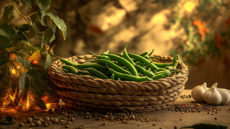 A woven basket filled with fresh green chilies and garlic, surrounded by natural light and greenery, creates a vibrant and rustic food scene perfect for culinary themes.の素材