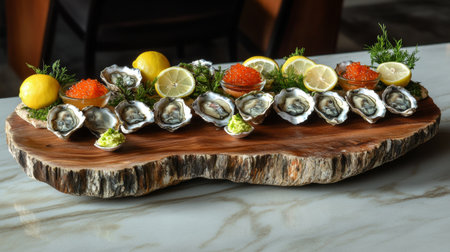 A stunning display of freshly shucked oysters adorned with lemon slices and elegant garnishes on a rustic wooden platter, perfect for seafood lovers.の素材