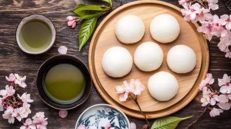 A beautiful arrangement of traditional Asian desserts served with tea and cherry blossoms, showcasing cultural heritage and natural beauty in a serene atmosphere.の素材