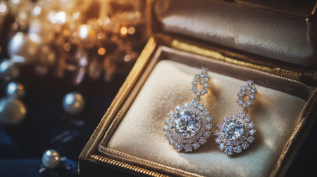 Stunning diamond earrings nestled in a luxurious jewelry box, highlighting elegance and beauty. Perfect for gifts or special occasions, showcasing craftsmanship.の素材