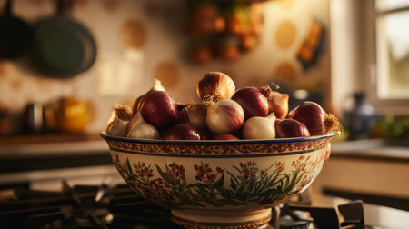 A vibrant assortment of fresh onions in a decorative bowl, resting on a kitchen counter. Sunlight highlights the natural textures and colors in this culinary scene.の素材