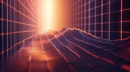 This striking image features a futuristic data wave visualization with glowing grids and a dynamic terrain, creating a captivating digital landscape that embodies technology and innovation.の素材