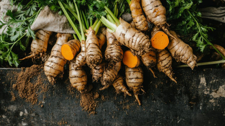 A vibrant collection of fresh turmeric roots with green leaves, showcasing earthy tones and natural textures, ideal for health-focused culinary creations.の素材
