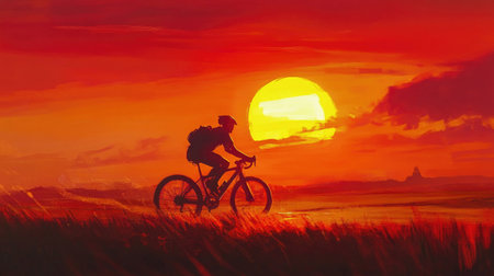 A striking silhouette of a cyclist riding against a vibrant sunset, with the sun casting long shadows, creating a dramatic and inspiring scene of freedom and adventure.の素材