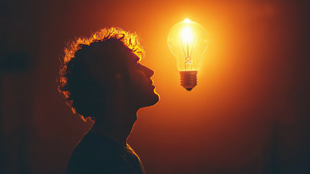 A vibrant light bulb glowing brightly above a person's head in a dark room, symbolizing the moment of inspiration and the birth of a new ideaの素材