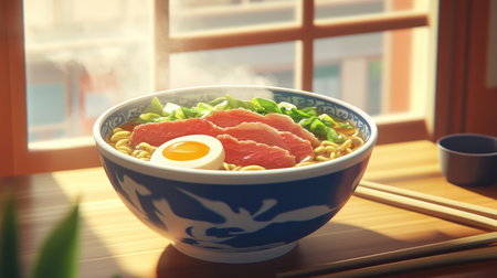 A steaming bowl of rich and flavorful ramen topped with slices of tender pork, soft-boiled egg, and fresh greens, beautifully presented on a wooden table with chopsticks resting beside it.の素材