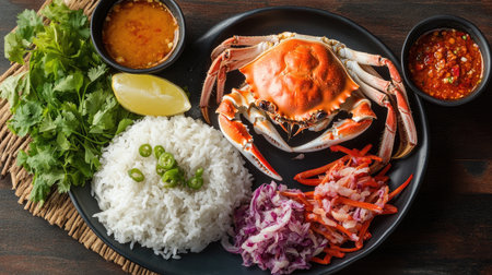 A top-down view of a traditional Thai meal, highlighting a beautifully arranged plate of steamed crabs alongside rice, spicy dipping sauces, and colorful side dishes.の素材