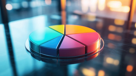 A striking 3D pie chart with vibrant colors and textures representing budget allocations, positioned on a glass table, reflecting light to highlight the importance of financial planning and transparency.の素材