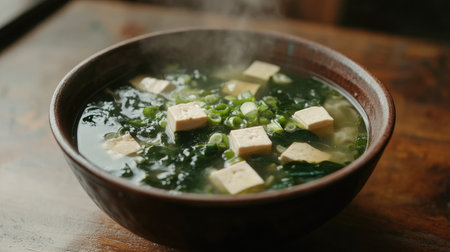 A steaming bowl of hot seaweed soup garnished with fresh green onions and tofu cubes, placed on a rustic wooden table, inviting viewers to enjoy this comforting dish.の素材