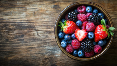 A vibrant bowl filled with an assortment of fresh mixed berries, including strawberries, blueberries, raspberries, and blackberries, beautifully arranged on a rustic wooden table, evoking a sense of health and vitality.の素材