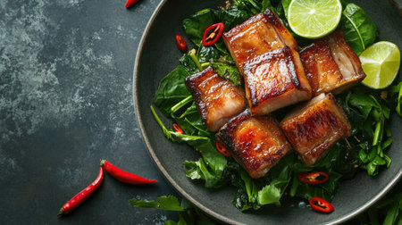 A top-down view of a traditional Thai dish showcasing crispy pork belly on a bed of steamed greens, garnished with chili and lime, against a simple background.の素材