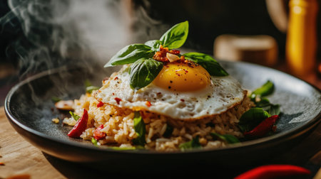 A steaming plate of Thai basil fried rice topped with a perfectly fried egg, drizzled with a rich soy sauce, garnished with fresh basil leaves and sliced chili, evoking a mouthwatering Thai delight.の素材