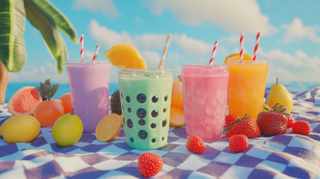 A vibrant outdoor picnic scene featuring a variety of bubble tea flavors, set on a checkered blanket with fruits and snacks, perfect for a fun day out with friends or family.の素材