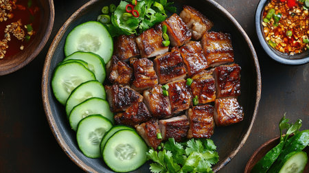 A top-down view of a plate of fried pork belly seasoned with fish sauce, beautifully arranged with sliced cucumber and fresh chili, highlighting its mouthwatering appeal.の素材