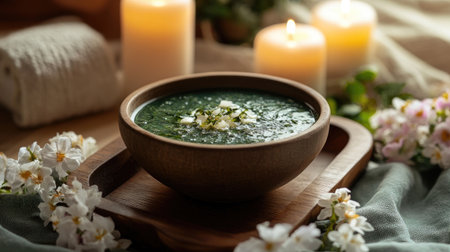 A tranquil setting featuring a bowl of seaweed soup on a wooden tray, surrounded by candles and flowers, creating a calming atmosphere perfect for relaxation.の素材