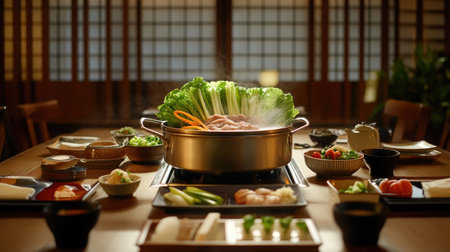 A vibrant dining table set for a shabu-shabu feast, featuring a bubbling pot of broth surrounded by an array of fresh vegetables, thinly sliced meats, and dipping sauces, inviting guests to enjoy a communal meal.の素材