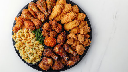 A vibrant overhead view of a platter filled with assorted fried chicken pieces, including wings, thighs, and drumsticks, elegantly arranged on a white background for an appetizing presentationの素材