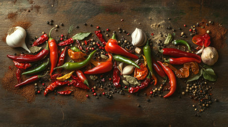 A vibrant collection of red and green chili peppers scattered on a rustic wooden table, surrounded by various spices like garlic, peppercorns, and cumin.の素材
