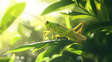 A vibrant grasshopper sitting on a fresh, green leaf, its detailed body and long legs in sharp focus against the blurred background of the foliage.の素材