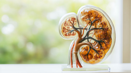 A realistic and detailed model of the human kidney, showcasing vibrant colors and intricate structures for educational purposes. Perfect for teaching anatomy.の素材