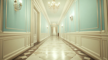 A stunning view of a spacious hallway showcasing beautiful blue walls and elegant vintage chandeliers. The luxurious design creates a calming atmosphere, ideal for sophisticated spaces.の素材