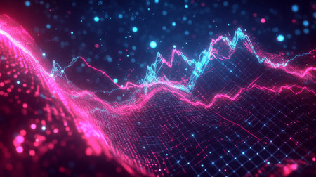 Dynamic abstract visualization showcases colorful waveforms with vibrant light effects. Perfect for technology themes, digital art, and modern design projects.の素材