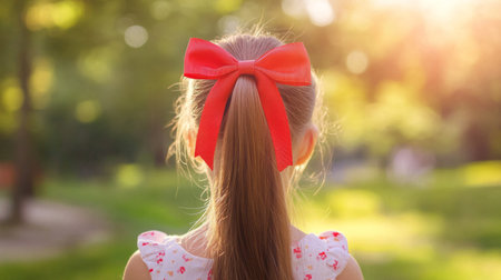 A young girl with a vibrant red bow in her hair stands with her back to the camera, gazing at a beautiful sunlit park scene filled with nature.の素材