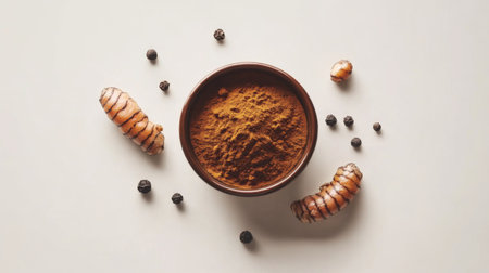 An artistic arrangement of turmeric powder, black peppercorns, and fresh turmeric rhizomes showcases rich colors and textures. Perfect for culinary and health references.の素材
