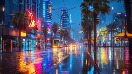 A captivating urban scene depicting a rainy night filled with vibrant neon lights reflecting on slick pavements, creating a stunning atmosphere.の素材
