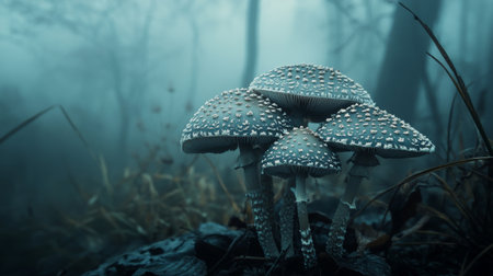 Captivating view of unique mushrooms surrounded by a mysterious fog in a serene forest. The enchanting atmosphere highlights the intricate details of nature.の素材