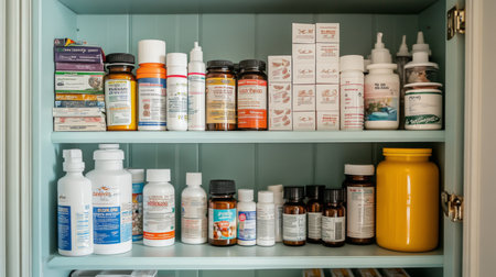 A well-organized pantry showcasing an array of health supplements and medications in various containers. Perfect for highlighting home health care solutions.の素材