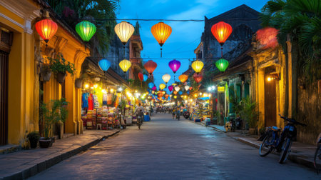Experience the enchanting beauty of Hoi An's ancient streets, adorned with vibrant lanterns creating a magical atmosphere for visitors exploring the night market.の素材