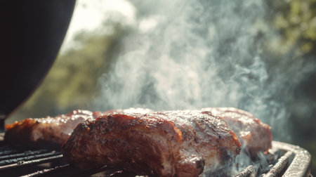 A close-up view of juicy ribs grilling on a barbecue, surrounded by smoke and set against a natural outdoor background. Perfect for summer cookouts.の素材