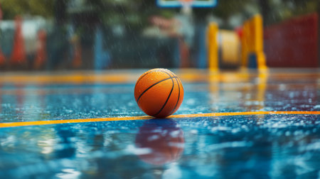 A vibrant orange basketball rests on a rain-soaked court, showcasing droplets falling and reflecting the colorful surface, creating a serene yet dynamic atmosphere.の素材