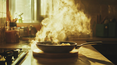 A serene kitchen scene featuring steam rising from a frying pan, illuminated by warm light. This image captures the essence of home cooking and culinary passion.の素材