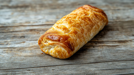 A beautifully baked puff pastry lies on a rustic wooden table, showcasing its flaky layers and golden crust, perfect for food photography or culinary inspiration.の素材