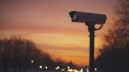 A surveillance camera stands tall against a vibrant sunset, capturing the interplay of warm sky colors and urban silhouettes, symbolizing security and vigilance.の素材
