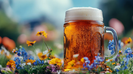 A refreshing glass of beer sits amidst a vibrant display of spring flowers, capturing the essence of outdoor leisure and enjoyment during sunny days.の素材