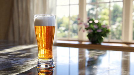 A refreshing glass of beer with foam sits on a polished table, beautifully illuminated by sunlight streaming through a window, with plants in the background.の素材
