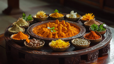 A vibrant assortment of spices and herbs displayed on a wooden tray enhances the beauty of culinary preparation, showcasing natural colors and aromas.の素材